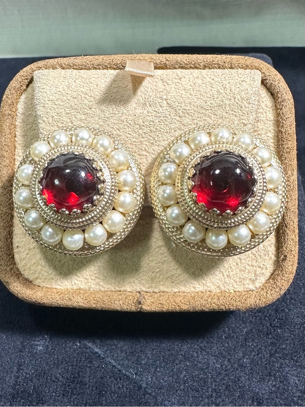 Vtg: Napier Pat Pending Domed Faux Pearl & Ruby Red Cabochon Clip On Earrings